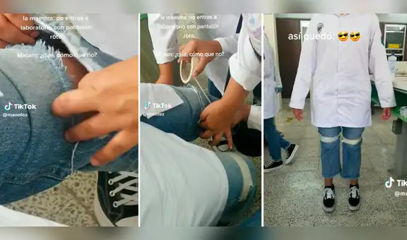 No querían dejarla entrar al laboratorio por el pantalón roto y sus amigos le solucionaron el problema