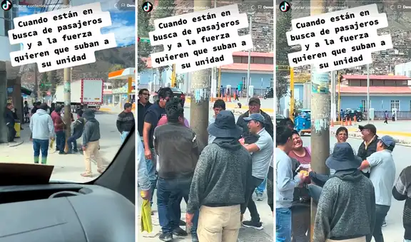 Jaladores se disputan a pasajero para llenar su combi y este se aferra a poste