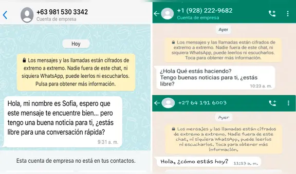 "¡Hola! ¿Estás libre?": estafadores usan números del extranjero para contactar víctimas por WhatsApp