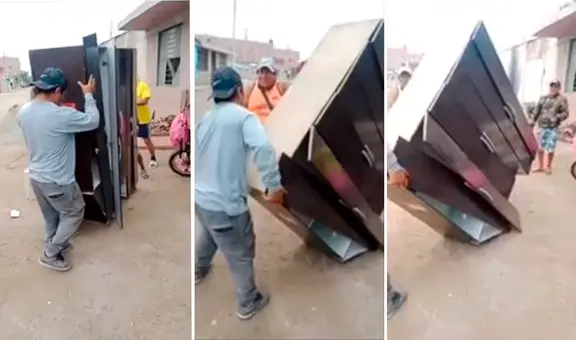 Hombres destrozan cómoda de 6 niveles al intentar trasladarla durante mudanza y VIDEO se hace VIRAL