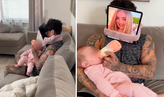 Padre se coloca una tablet en la cara con la foto de su pareja para darle de comer a su hija