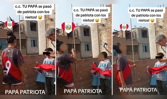 Abuelito enseña a sus nietos a izar la bandera del Perú y usuarios lo felicitan: “Buen ejemplo”