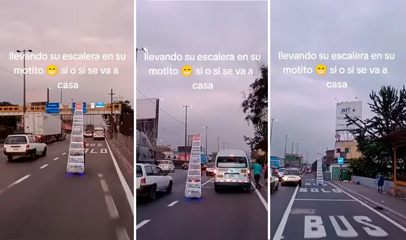 Joven lleva una escalera en su moto en plena Panamericana Norte y redes estallan: "Solo en Perú"