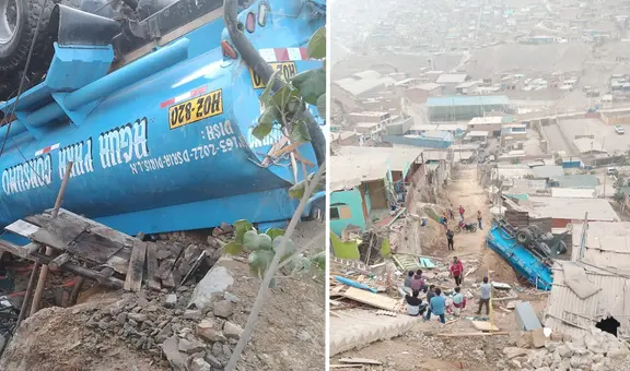 Puente Piedra: camión cisterna de agua cayó sobre 3 viviendas y las destruyó luego de despistarse