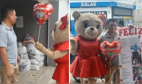 Mujer sorprende a su esposo con globos y muñeco de amor en la puerta de su trabajo: “¡Qué romántico!”
