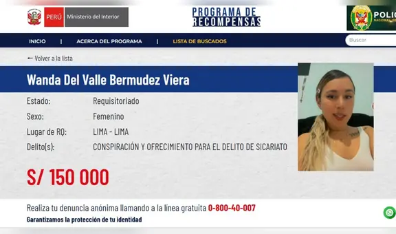 Mininter ofrece S/150.000 por ubicación de Wanda del Valle, tras amenazas de muerte a coronel PNP