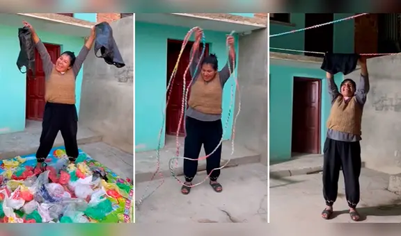 Mujer sorprende al fabricar un cordel de bolsas para tender ropa: “Inteligente y creativa”