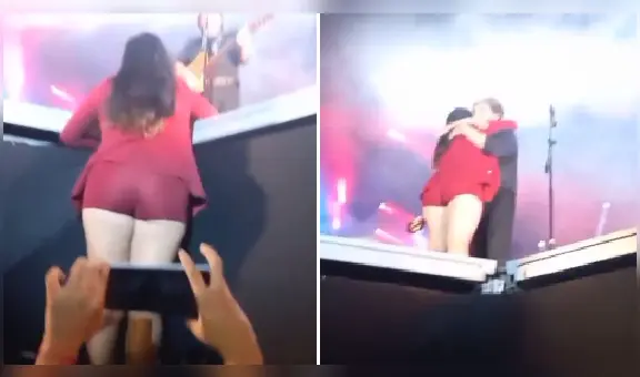 Joven trepa al escenario sin zapatos para abrazar a William Luna en Tarapoto