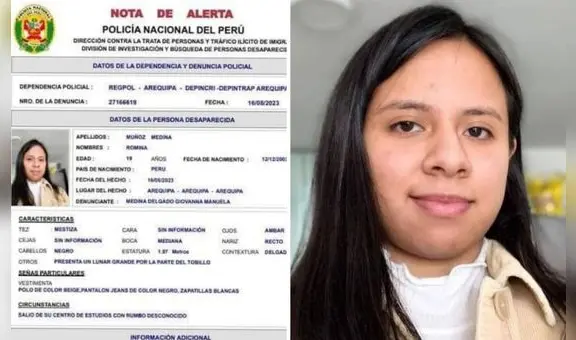 Apareció Romina Muñoz, joven universitaria reportada como desaparecida hace 5 días en Arequipa