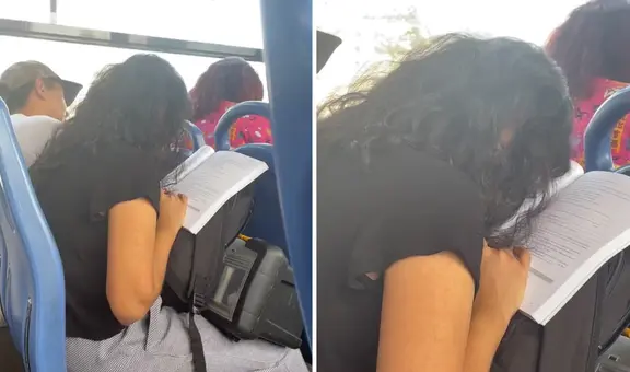 Captan a joven durmiendo en el bus con un libro entre sus manos y usuarios la animan: “No te rindas”