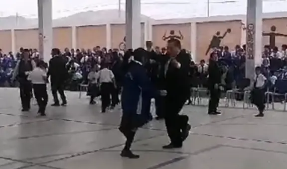 Alumna reta a director a bailar un contagioso huaino y terminan con emotivo abrazo en Trujillo