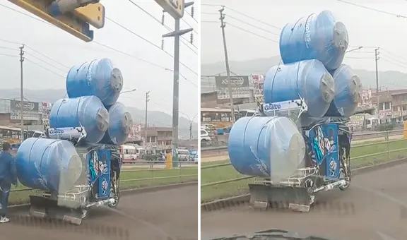 Hombre sorprende al trasladar 4 cisternas en mototaxi por una transitada carretera peruana
