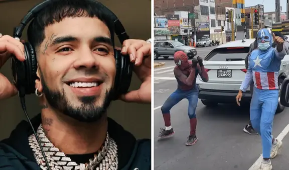 Anuel AA impresionado con show de artistas disfrazados de Avengers bailando en calles de Perú