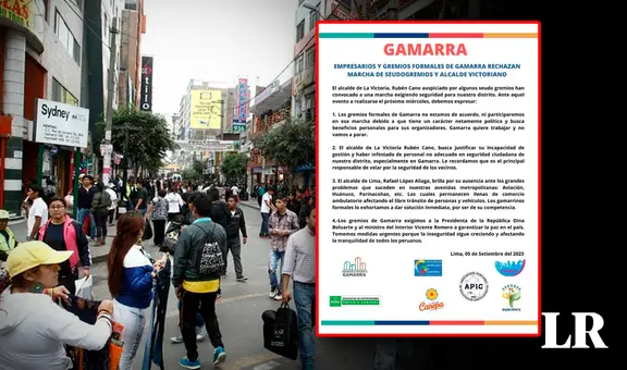 Gamarra: 8 gremios rechazan anunciada marcha a Palacio de Gobierno este 6 de setiembre