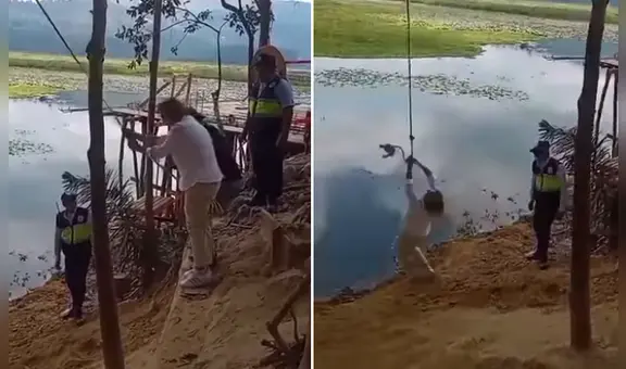 Viceministra de Turismo cae a laguna cuando trataba de balancearse en una soga en Pasco