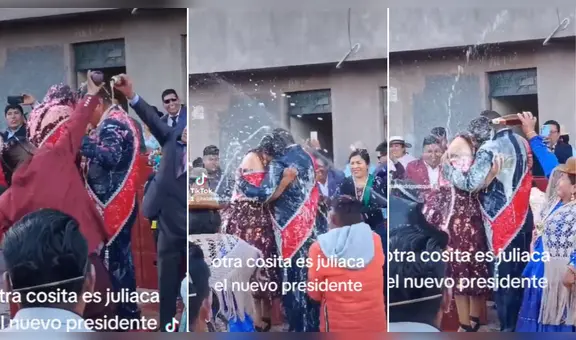 Pareja asume cargo festivo en Juliaca y la celebran con lluvia de cerveza: “¡Ay no, las chelas!”