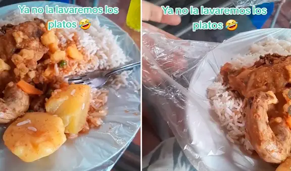 Joven sirve la comida en platos forrados con bolsas para no lavarlos ante corte de agua