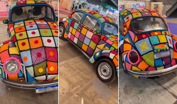 Mujer deja en shock a usuarios al tejer a crochet colorido forro para un Volkswagen: “Es una obra de arte”