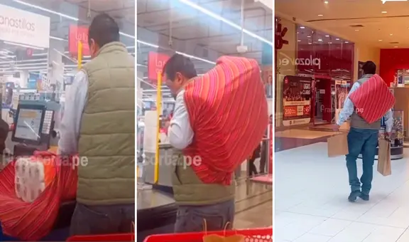 Hombre va a supermercado de Cusco y lleva sus compras en una queperina para evitar usar bolsas