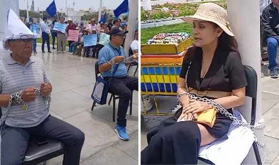 Huelga docente: catedráticos de Universidad Nacional de Trujillo se encadenan en plaza de Armas