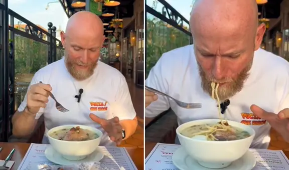 Extranjero usa tenedor para comer fideos de CALDO DE GALLINA y usuarios reaccionan: “Con la cuchara, mano”