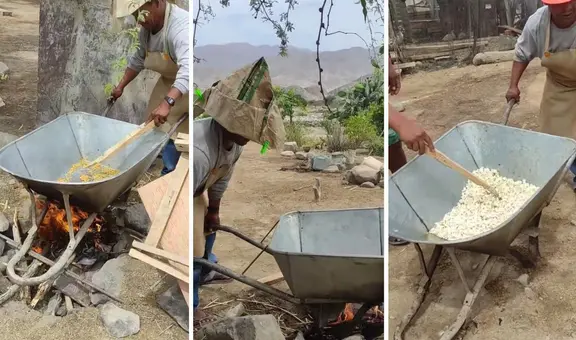 Peruanos sorprenden al usar una carretilla para preparar cancha popcorn: “Mi primera chamba”