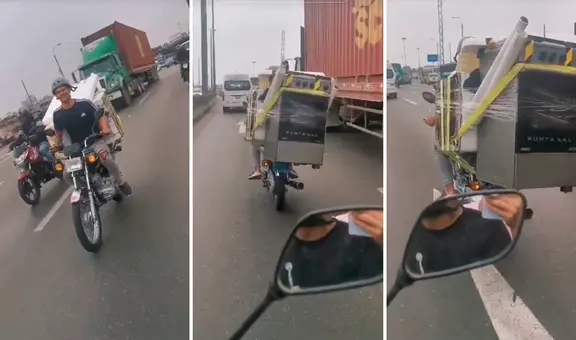 Joven sorprende al transportar cocina y lavadora en moto por calle de Lima: “El flete salió barato”