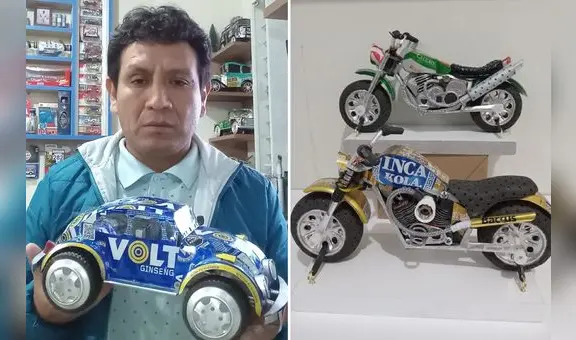 Chimbotano sorprende al convertir latas de cerveza en autos y motos: "Lleva el arte en la sangre"