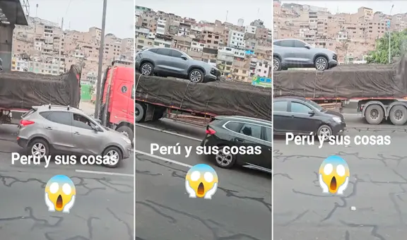Conductores quedan en shock al ver troncos y vehículo en la tolva de un camión