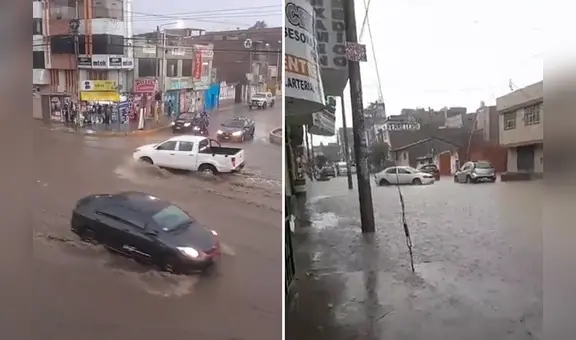 Torrenciales lluvias con granizo inundan calles de localidades de Huancayo