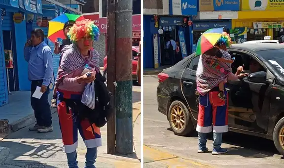 ¡Amor de padre! Hombre sale a trabajar de payasito y cargando a su hijo en su espalda en Moquegua