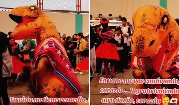 Dinosaurio causa sensación en Puno al vestirse de sikuri en pasacalle: "Su poncho le da el toque"