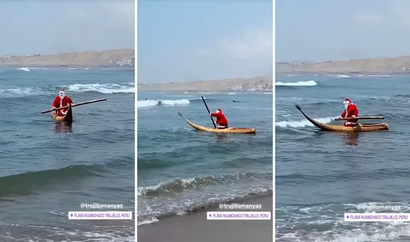 Captan a 'Papá Noel' surfeando en Huanchaco y usuarios bromean: “Cambió los renos por el caballito de totora”