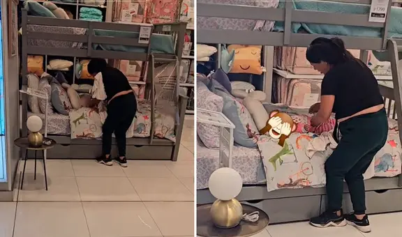Peruana aprovecha cama en tienda de mall de San Juan de Lurigancho para cambiar pañal de su bebé