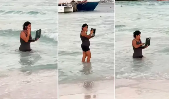 Captan a mujer dentro del mar con su laptop y usuarios bromean: “De vacaciones, pero responsable"