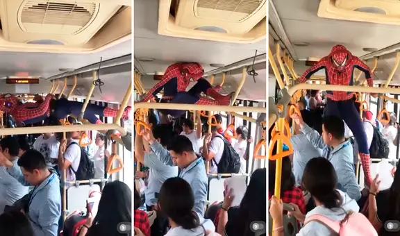 Hombre disfrazado de Spiderman tiene curiosa forma de viajar en un bus público: “Salió del multiverso”