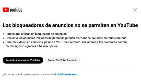 YouTube presenta estos nuevos problemas si instalaste un bloqueador de anuncios