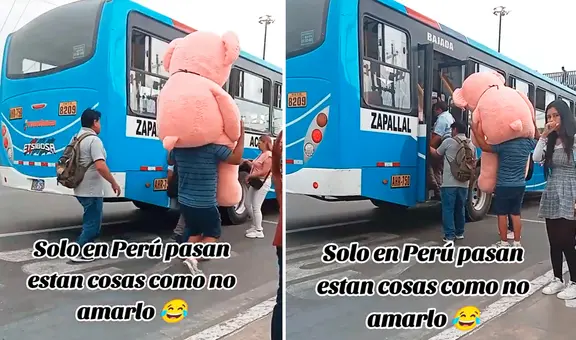 Peruano sube a bus de Los Chinos con enorme peluche y usuarios dicen: “Se quedó sin plata para el taxi”