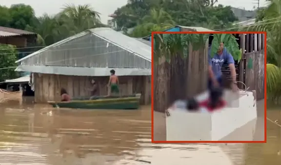 Niños usan refrigeradora para transportarse en inundaciones tras 11 horas de lluvia en Loreto