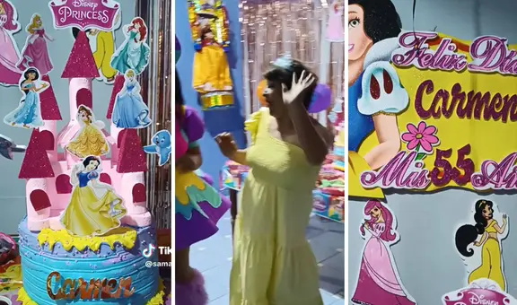 Mujer celebró sus 55 años con cumpleaños infantil de las princesas de Disney: “El real tono”