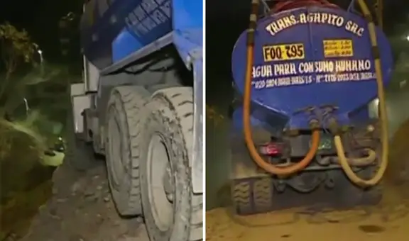 Camión cisterna queda a punto de caer sobre varias viviendas en San Juan de Miraflores