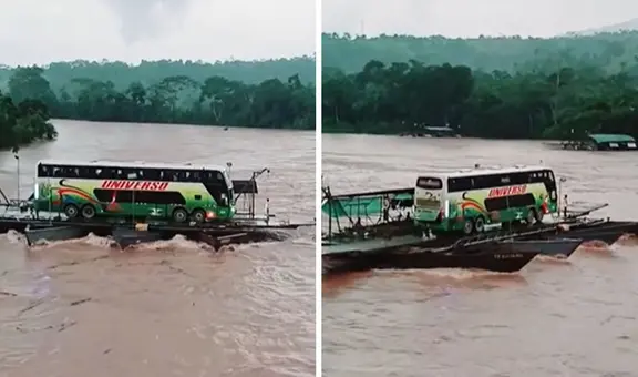 Captan bus atravesando río de la selva peruana sobre 4 lanchas y usuarios dicen: “No subiría”