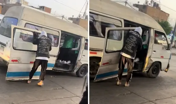 Captan a cobrador cargando puerta de combi y en redes bromean: “Soy peruano y no me sorprende”