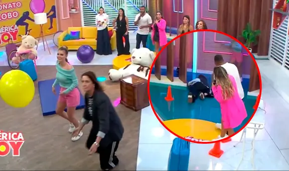 Almendra Gomelsky sufre aparatosa caída EN VIVO durante juego con Brunella Horna en 'América hoy'