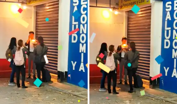 Jóvenes sorprende a su amigo al comprarle un pastel y cantarle feliz cumpleaños en plena calle