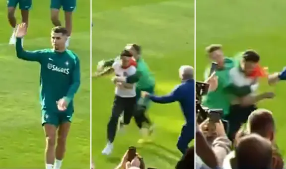 ¡Ronaldo fue salvado por su compañero! Arquero 'tackleó' a hincha que invadió campo por abrazar a 'CR7'