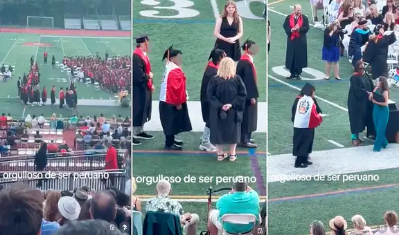 Estudiante peruano se gradúa en colegio de EE. UU. y camina hacia el estrado con la bandera de Perú