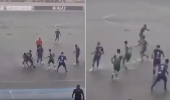Liga 2: jugadores disputan un partido en medio de una cancha inundada por fuertes lluvias