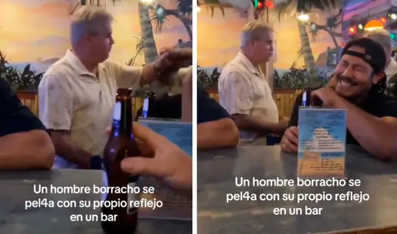 Hombre en estado de ebriedad se ve en un espejo y pelea con su propio reflejo en un bar
