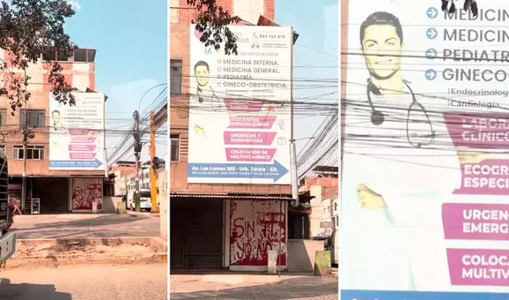 Peruano queda en shock al ver publicidad de clínica en SJL con foto de CR7 vestido de médico